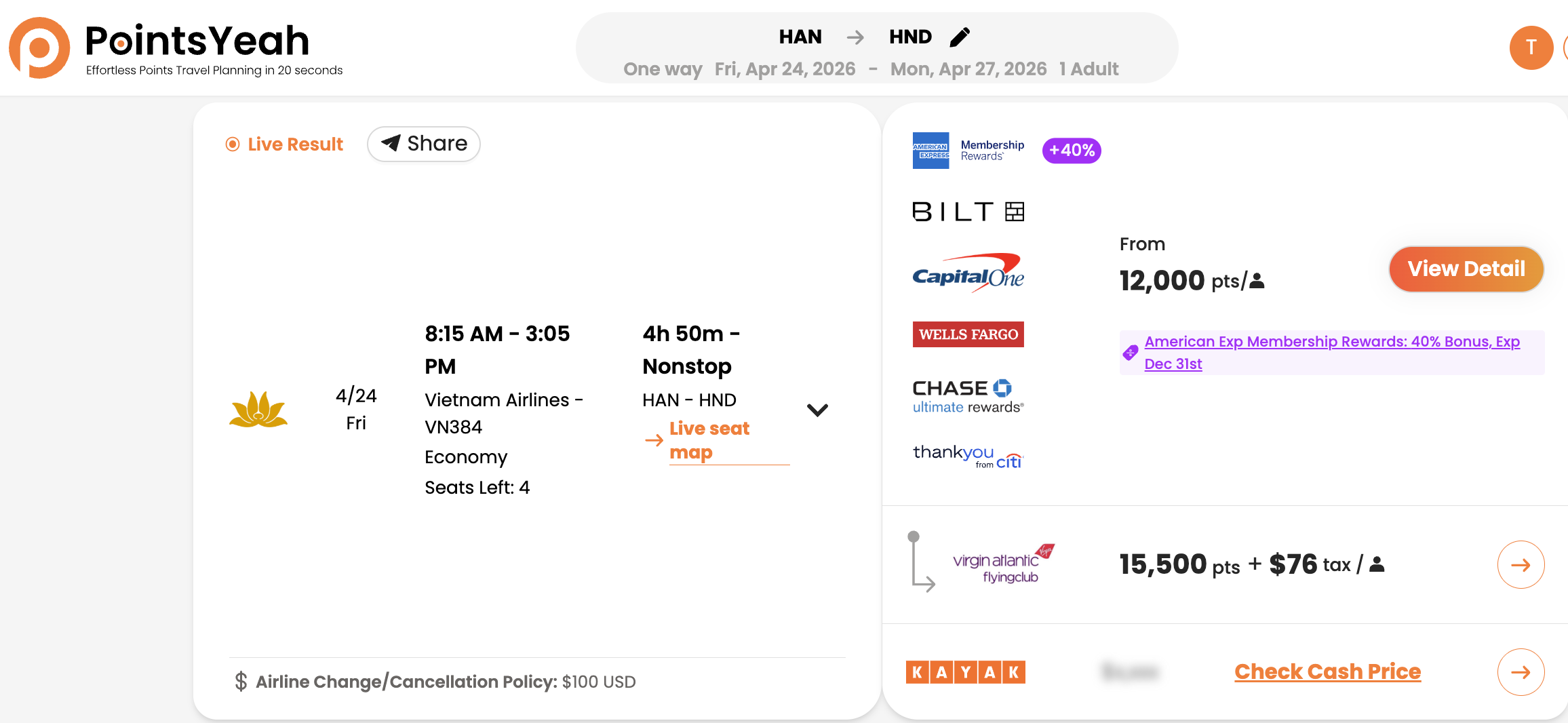 PointsYeah search results example – full view showing an award search from Hanoi to Tokyo
