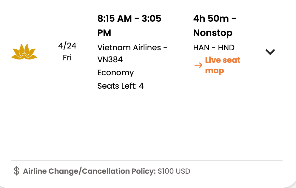 Close-up of the left column in PointsYeah showing airline and flight details
