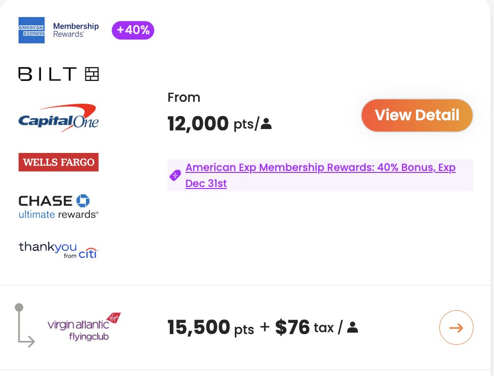 Close-up of the right column in PointsYeah showing points transfer options and bonuses